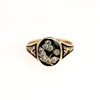 Historistischer Goldring mit Diamantrosetten und schwarzer Emaille, um 1880–1900